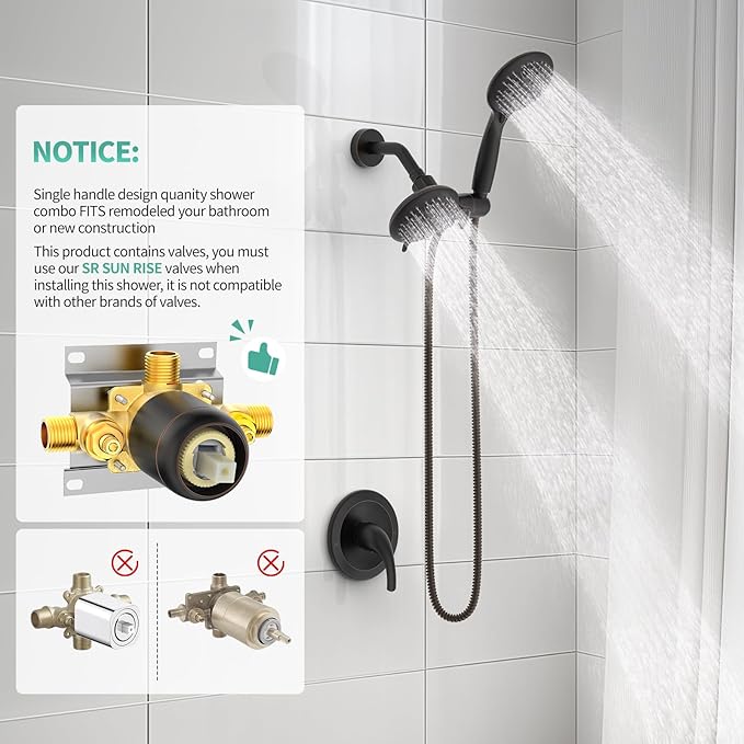 SR SUN RISE High Pressure 3-Way Rainfall Shower Faucet, 3 in 1 Shower Head and Handheld Shower Combo Set with 71” Hose, Easy to Clean Bathtub or Pets, Valve and Shower Trim Kit, Oil Rubbed Bronze