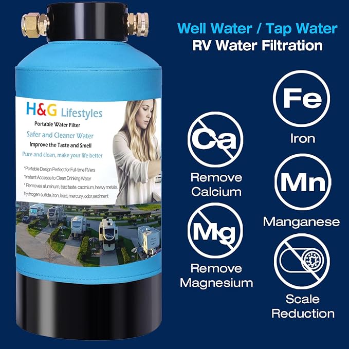 H&G Lifestyles RV Water Filter to Remove Iron from Well Water, RV Water Softener, Chlorine Heavy Metal Removal Improve Water Taste, Filtration System for RV Campers