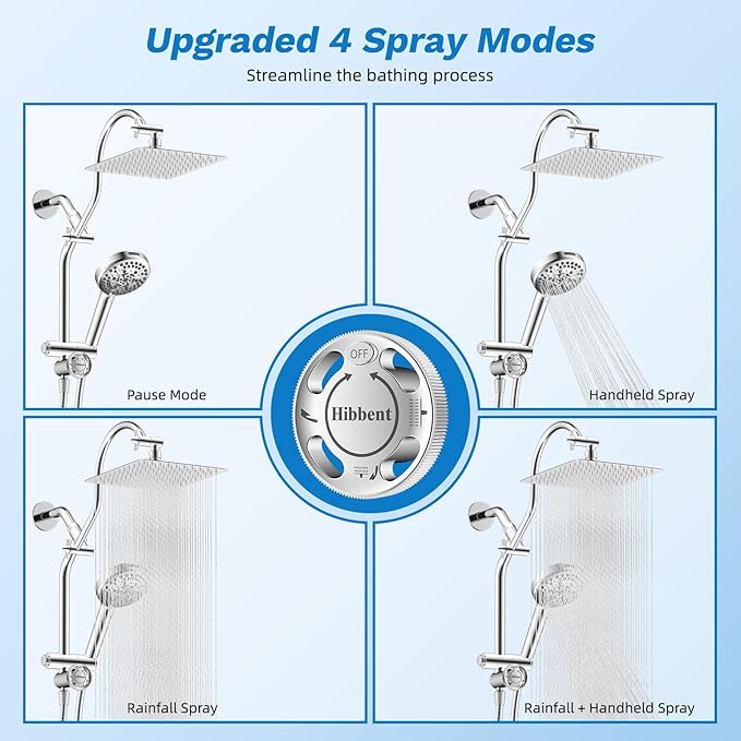 Hibbent Upgraded All Metal 10"Rainfall Showerhead Combo, High Pressure Shower Head with 10-Spray Mode Handheld, Innovative 4-way Diverter with Pause Mode, 71'' Shower Hose and Handheld Holder, Chrome