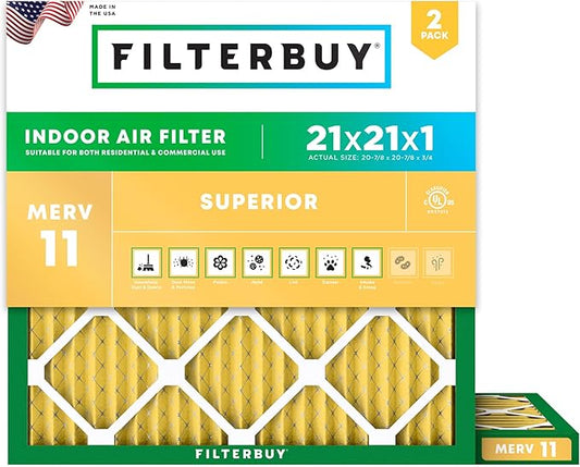 Filterbuy 21x21x1 Air Filter MERV 11 (MPR 1200) Allergen Defense Replacement (2-Pack), Electrostatic Pleated HVAC AC Furnace Filters, Made in USA (Actual Size: 20.88 x 20.88 x 0.75)