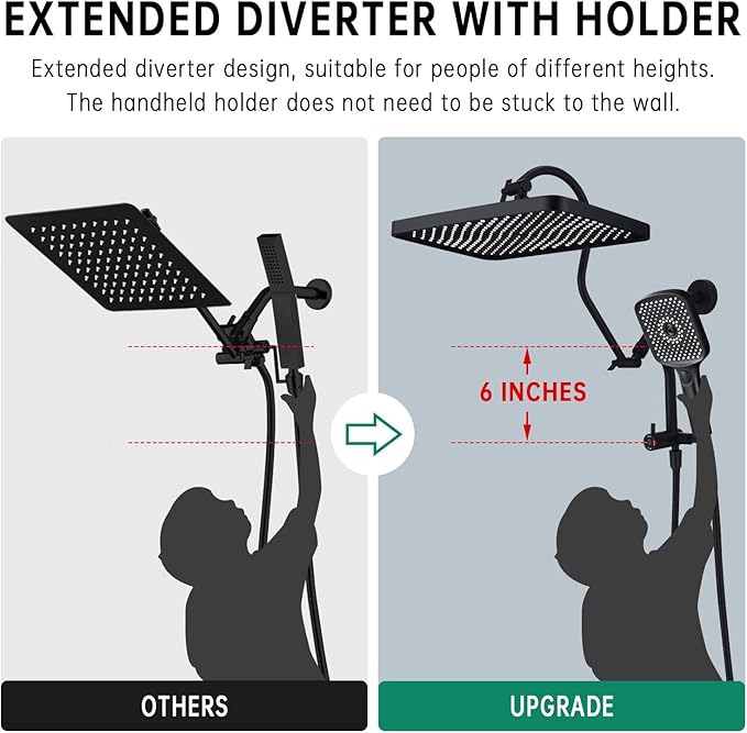 13 Inch Rainfall Shower Head with Multi-Function Handheld Sprayer Combo, 3-Way Metal Extended Diverter with Holder and Metal Adjustable Curved Shower Extension Arm, Extra Long Hose Matte Black