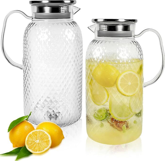 2 Pack Plastic Pitcher with Lid and Handle, 1.8L Clear Water Jug, BPA-Free Ice Tea Pitchers for Lemonade, Milk, Juice, Home, Office