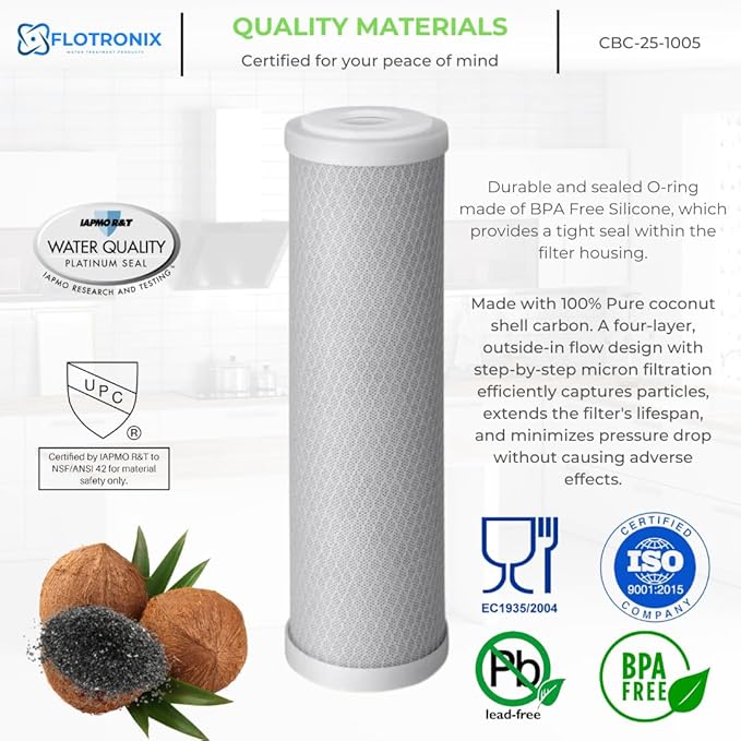 Flotronix 5 Micron 2.5" x 10" Whole House CTO Carbon Sediment Water Filter Cartridge, Compatible with DuPont WFPFC8002, WFPFC9001, SCWH-5, WHCF-WHWC, FXWTC, CBC-10, RO Systems, 4-Pack