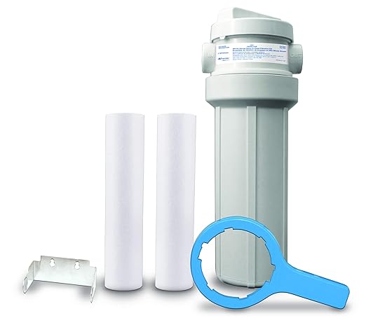 Watts Premier White Whole House Water Filtration Kit with Built-in Bypass Valve, Filter Housing, Three 50-Micron Sediment Filters, Mounting Bracket, Wrench