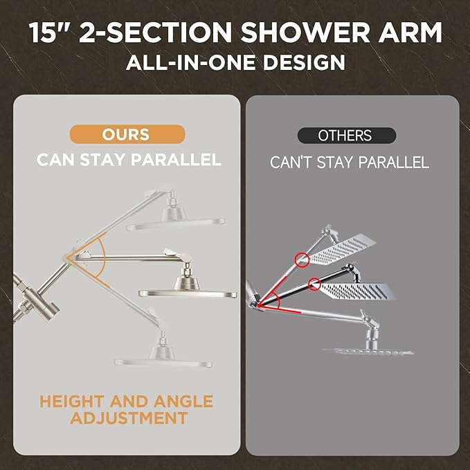 Veken 11.8'' Rain Brushed Nickel Shower Head with Handheld Spray Combo, Extension Arm for Rainfall Showerhead, Muti-modes Massage High Pressure Hand Held Shower Heads with Hose, Anti-Clog Nozzles