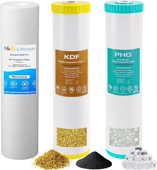 H&G Lifestyles Whole House Water Filter Cartridge, 4.5 x 20 KDF Water Filter, Polyphosphate Water Descaler, PP Cotton Sediment Filter, 3 Stages Water Filtration