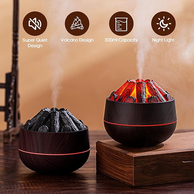 Flame Essential Diffuser Bonfire Humidifier 300ml Ultra-Quiet Auto-Off Aromatherapy Diffuser Campfire Flame Fire Diffuser for Home, Office or Gym- Black