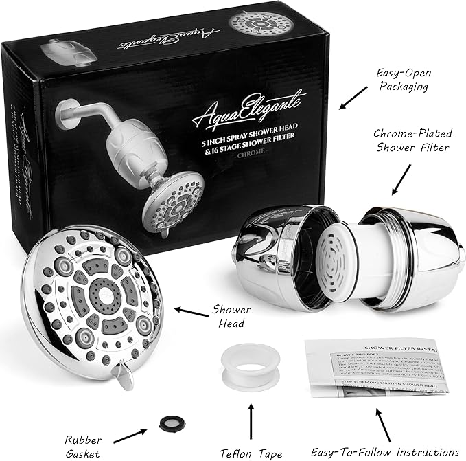 Aqua Elegante High Pressure Shower Head & Filter - Adjustable Water Saving Showerhead For Low Flow Showers With Bath Filters To Remove Chlorine + Hard Minerals, 1.8 GPM - Chrome & California Certified