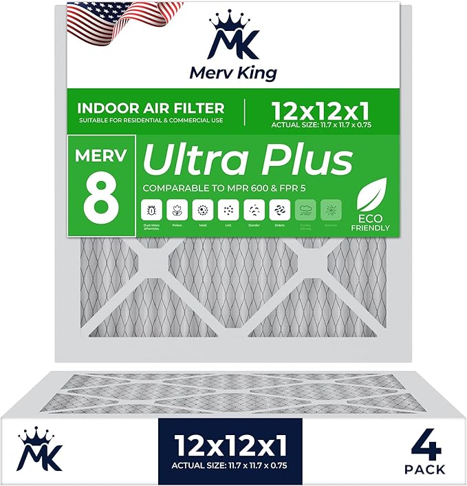 MervKing 12x12x1 Air Filter Actual Size: 11.7" x 11.7" x 0.75" MERV 8 MPR 600-700 | MADE IN USA | 4-Pack | Pleated HVAC AC Furnace Replacement