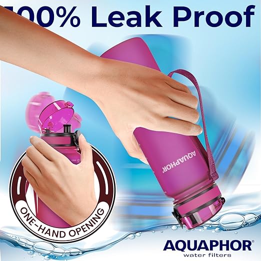 Nakii Filtered Water Bottle, Leakproof, BPA-Free, Motivational Markings, Travel, Everyday Use. 40-Gallon Filter, Replaces 300 Plastic Water Bottles. Includes 1 Filter, 22 FL Oz, Pink by Aquaphor