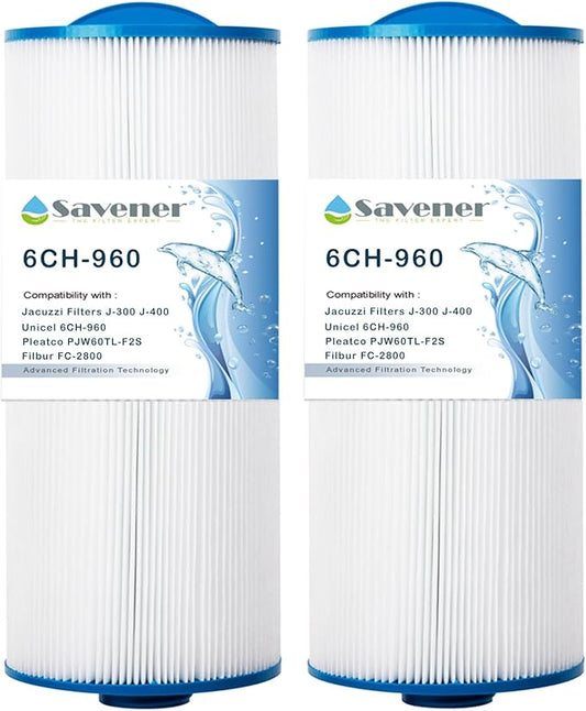 Spa Filter 6CH-960 Replaces Jacuzzi Filters J-300 J-400,Unicel 6CH-960, PJW60TL-F2S,Filbur FC-2800,6540-476, 6540-383,Hot Tub Filter with Closed Handle(Not be Removed)- 2 Pack