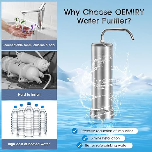 Countertop Water Filter, Stainless Steel 8000 Gallons Faucet Water Filtration System, Reduces 99.99% Chlorine, Lead, Heavy Metals, Bad Odor, OM-CF01 Included 1 Filter