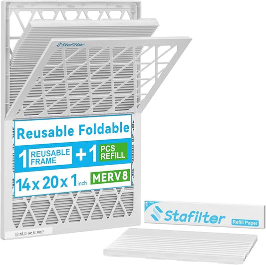 14x20x1 MERV 8 Air Filter, 1 ABS Plastic Frame with 1 Pack Refill, Foldable HVAC AC Furnace Air Filters (Pack of 1) (Actual Size: 13.74"x19.76"x0.75")