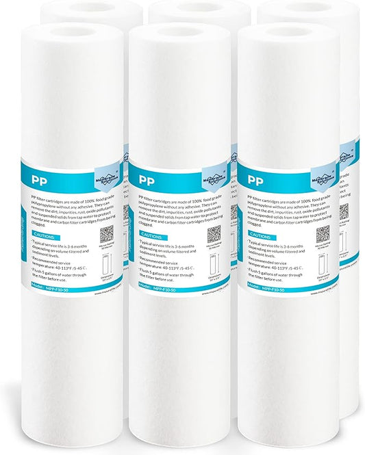 Membrane Solutions 50 Micron Sediment Water Filter Replacement Polypropylene Cartridge 10"x 2.5" for Whole House RO System, Compatible with Aqua-Pure AP110, GE FXUSC, WHKF-GD05, Culligan P5-6 Pack