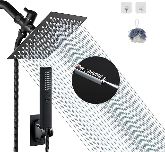 6'' Square High Pressure Rain Black Shower Heads with Handheld Spray Combo. Equipped with 78" Leakproof Hose, 3 Way Diverter Valve, Adhesive Shower Head Holder, Double Shower Head Set, AWAXFOLO
