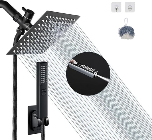 6'' Square High Pressure Rain Black Shower Heads with Handheld Spray Combo. Equipped with 78" Leakproof Hose, 3 Way Diverter Valve, Adhesive Shower Head Holder, Double Shower Head Set, AWAXFOLO