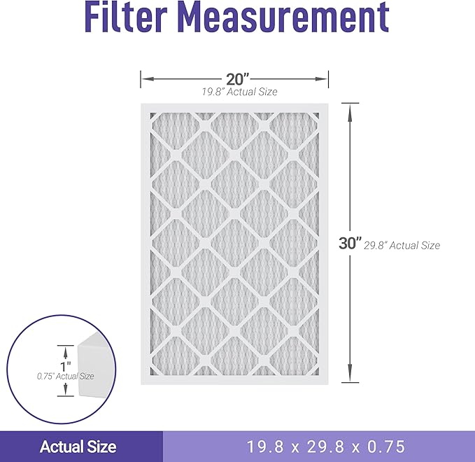 Maycold MERV 13 20x30x1 Air Filter (6-Pack), High-Efficiency Pleated AC & Furnace Filters, Actual Size: 19.70" x 29.70" x 0.75", Individually Wrapped in Plastic