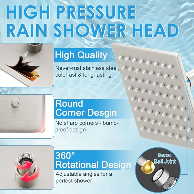 6 Inch Square Shower Head Stainless Steel High Pressure Rain Shower Heads with Extension Arm Adjustable Angle Replacement Shower Head for Modern Bathroom (Square, Brushed Nickel)
