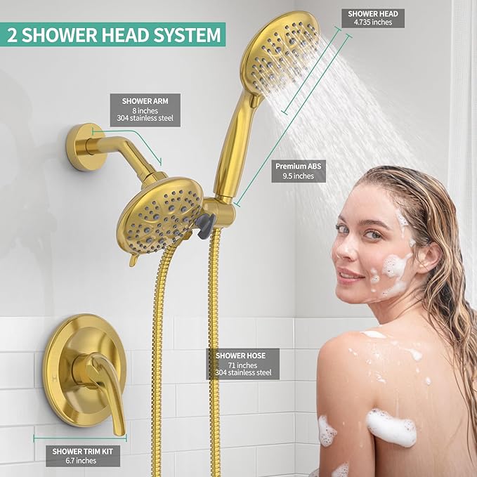 SR SUN RISE High Pressure 3-Way Rainfall Shower Faucet, 3 in 1 Shower Head and Handheld Shower Combo Set with 71” Hose, Easy to Clean Bathtub or Pets, Valve and Shower Trim Kit, Brushed Gold
