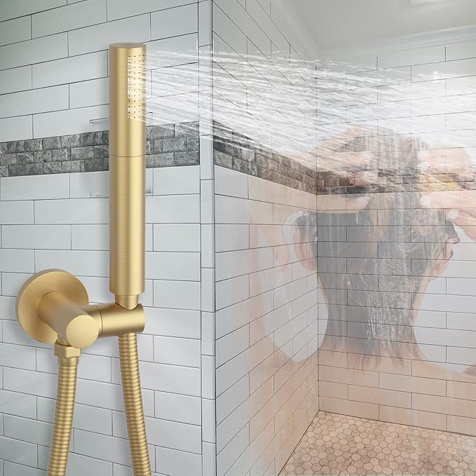 Brass Brushed Gold Shower Head 2 in 1 Function High Pressure 7 inch Hand Held Shower Head Dual Modes High Flow Shower Wand with 59 inch Hose and Shower Bracket