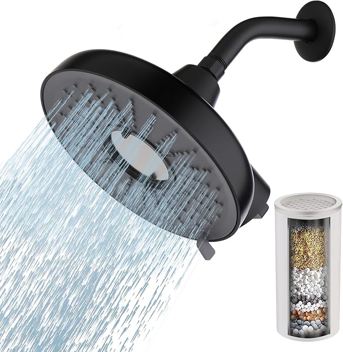 Filtered Shower head,8-Inch High Pressure Rainfall Showerhead, 360°Adjustable Swivel,3 Spray Patterns,15 Stage Shower Filter Combo（Black）