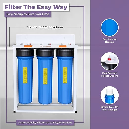 Rotek Water Systems Whole House Water Filtration System, 3-Stage Water Filter System, SED, PHO, ACB, Clean Water, Sediment, Carbon Block, & Polyphosphate Anti-Scale Filter, 20 Inch