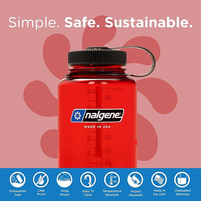 Nalgene Sustain Tritan BPA-Free Water Bottle Made with Material Derived from 50% Plastic Waste (using ISCC certified mass balance), 32 OZ, Wide Mouth, Red