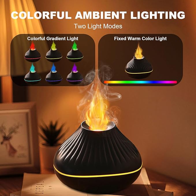 Colorful Volcano Diffuser Humidifier: Ultra-Quiet 160ml Fire Flame Humidifier Aroma Spray Diffusers with 7 Flame Colors Waterless Auto off Timeable for Home,Office,Yoga (Black)