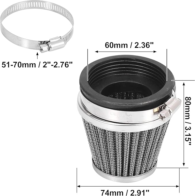 Motoforti 4pcs Universal 60mm Air Filter Cleaner Round Tapered Replacement for Motorcycle Black