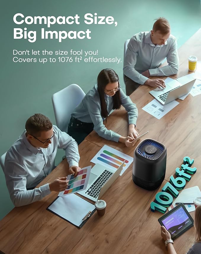 Air Purifiers for Office with H13 True HEPA Filter Up to 1076 Ft² for Pet Family, Pollen, Smoke, Compact Air Cleaner with 3 Speeds, Timer, Aroma Quiet, 360°Intake, for Home Bedroom, Black