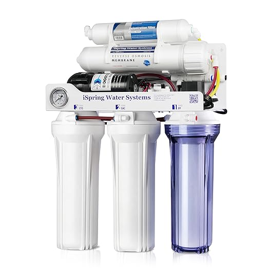 iSpring RCC1DP Tankless RO/DI System, 5 Stage De-ionization Reverse Osmosis Water Filter, High Performing 150 GPD Tankless RO Water System for Aquarium with DI Water Filter & Pump