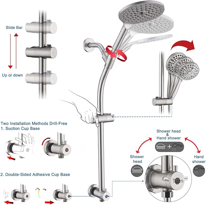 High Pressure Shower Head with Handheld Shower, 26" Adjustable Height Drill-Free Slide Bar, 3-Way Diverter for Easy Reach, Dual Shower Head Combo Set with 5ft Hose - Brushed Nickel
