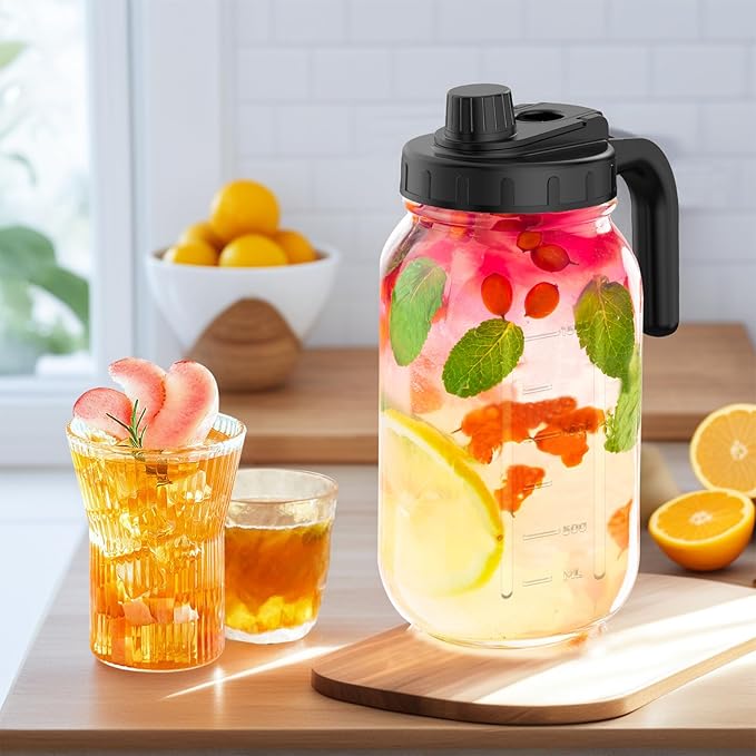 2 Pack 64oz Glass Mason Jar Pitchers with Wide Mouth & Measurement Marks – Leak-Proof Twist Lids for Cold Drinks, Iced Tea, Lemonade, and Juice