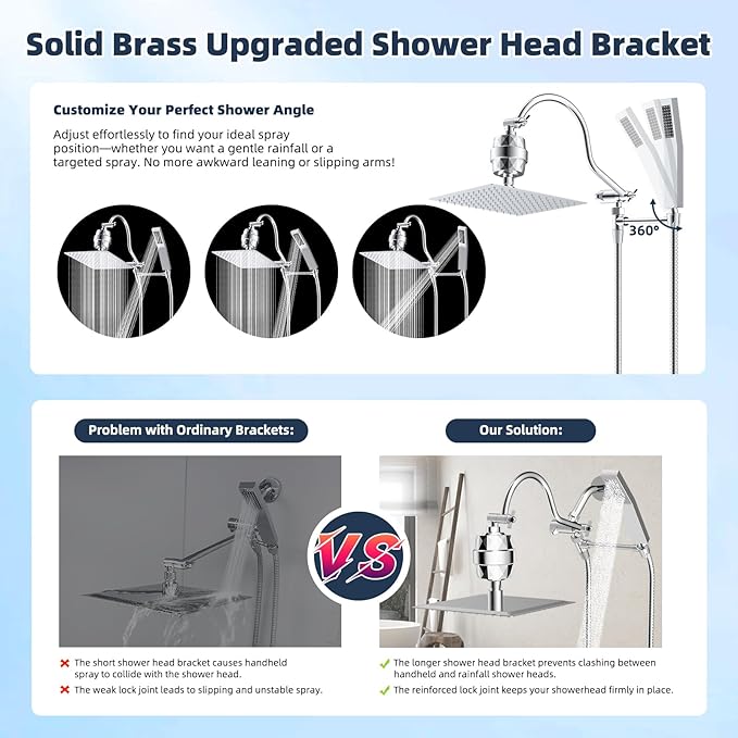 Hibbent All Metal 10'' Filtered Rainfall Shower Head Combo, High Pressure Handheld Shower Wand, 12'' Adjustable Curved Extension Arm, 20 Stage Shower Filter, 71'' Hose, Shower Head Holders, Chrome
