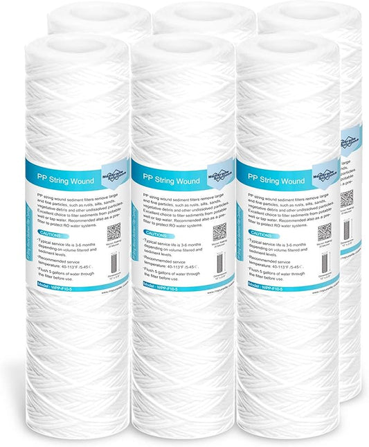 Membrane Solutions 20 Micron 10"x2.5" String Wound Whole House Water Filter Replacement Cartridge Universal Sediment Filters for Well Water - 6 Pack