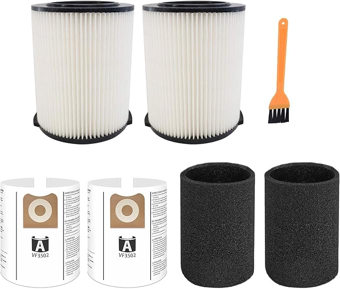 Ridgid Shop Vac Filter Replacement - VF4000 & VF3502 + 2 Pack Foam Sleeve + Brush Cleaner (6 Piece Set)