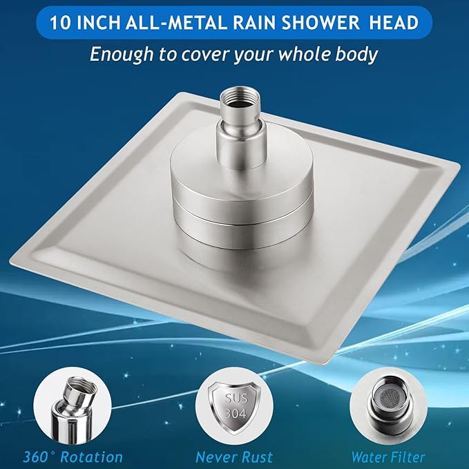 Voolan Rain Shower Head with Filtered - High Flow Large Rainfall Shower Heads Made of Stainless Steel - Waterfall Showerhead Filter For Hard Water(10" Brushed Nickel)