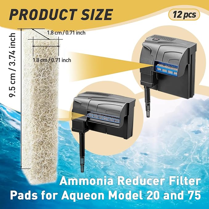12 Count Ammonia Reducer Filter Pads for Aqueon - Replacement Filter Cartridges Small for Aqueon QuietFlow LED PRO Model 20 and 75