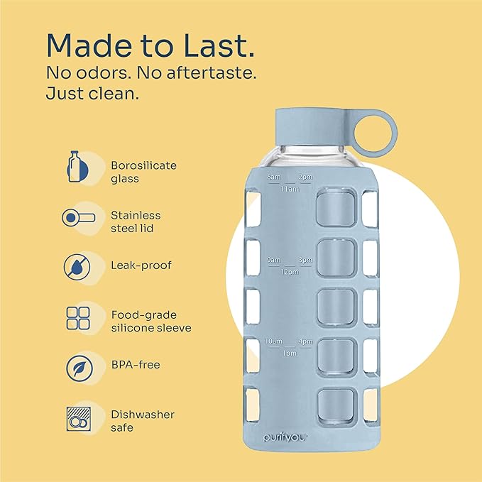 purifyou 40oz / 32oz / 22oz / 12oz Borosilicate Glass Water Bottle with Time & Volume Markers, Silicone Sleeve, Stainless Steel Lid | Reusable Glass Bottle for Water & Juice (22oz Ice Blue)