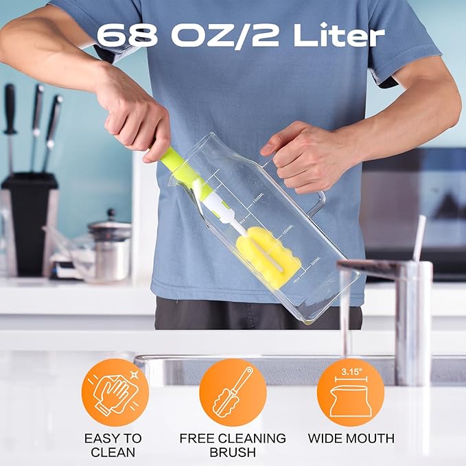 2 Liters/68oz 2 Pack Square Glass Pitcher with Lid and Handle for Bridge Door, Aofmee Borosilicate Glass Heat Resistant Dishwasher Safe Iced Tea Jar, Carafe with Scale Line for Hot/Cold Beverage