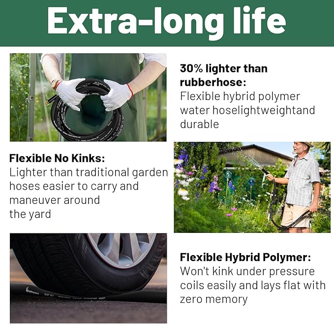 Garden Hose 50 ft x 5/8 in Heavy Duty Water Hose, Flexible and Durable, Lightweight Rubber Hybrid Hose, Leak-Free Connections, Male to Female Fittings, BT50B, Black