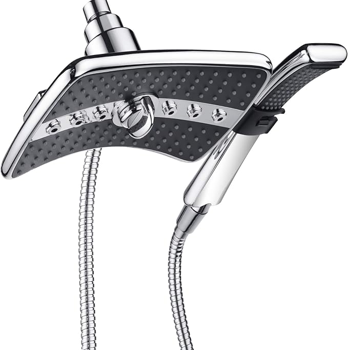 BRIGHT SHOWERS High Pressure Dual Shower Head Combo, Handheld Showerhead Rainfall Shower Head Set with Black Face, 60 Inch Long Stainless Steel Shower Hose, Chrome