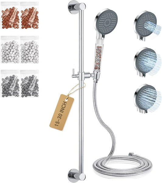 YDmeet Filtered Handheld Showerhead with 30-Inch Shower Slide Bar Set, 3-Mode Spray Setting, Long Metal Hose, Extra 6 Packs Replacement Mineral Balls for Refills, Chrome