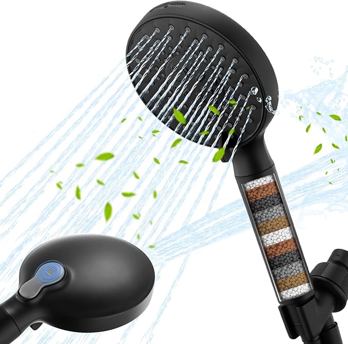 Filtered Shower Head with Handheld, High Pressure 9-Spray Modes Detachable Shower Head with Filter for Hard Water-Remove Chlorine & Impurities, Improve Skin & Hair Health, Matte Black