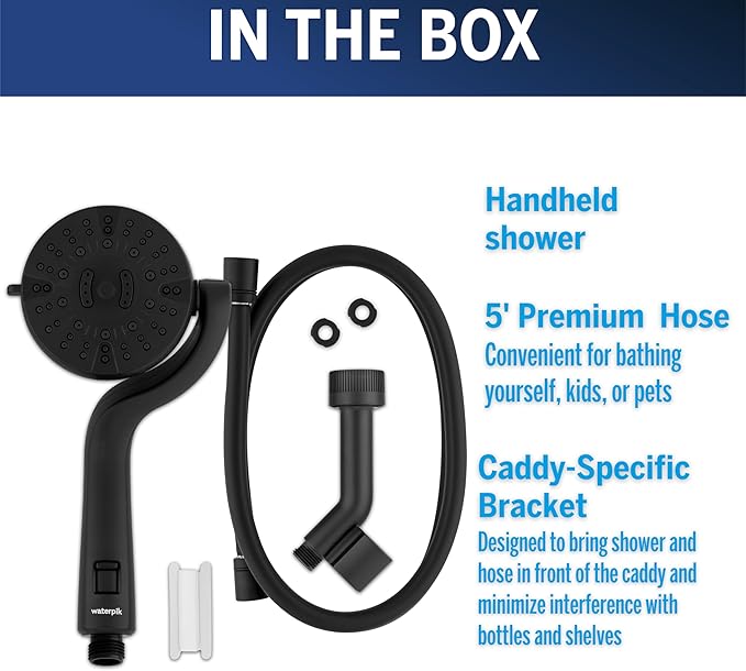 Waterpik Caddy Buddy Pivoting Hand Held Shower Head With 5-Foot Hose, 5-Mode with High Pressure Sprays, Matte Black, PHO-555E