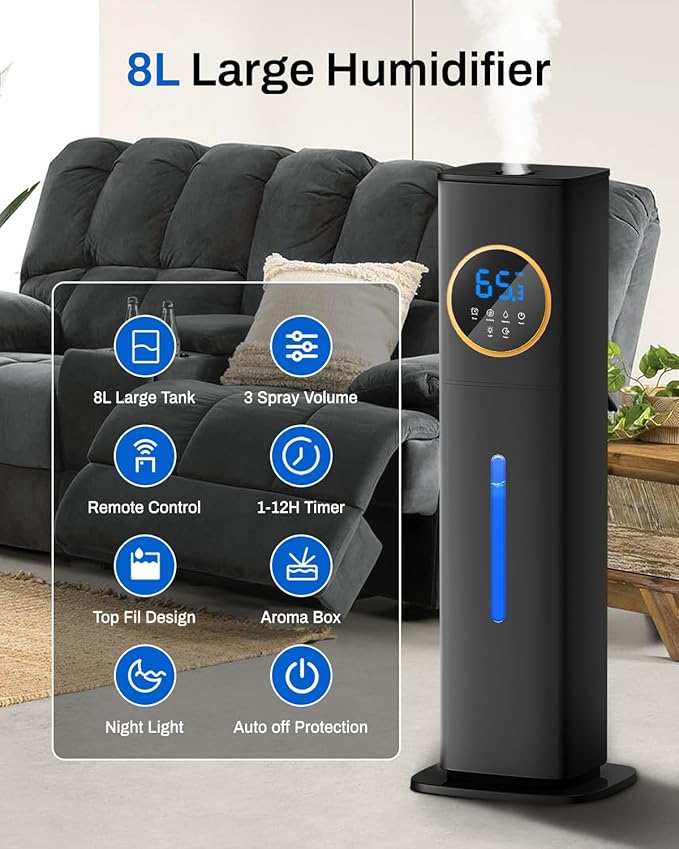 Humidifier Large Room Bedroom with Night Light, 2.1Gal(8L) Humidifiers for Home with Essential Oil Diffuser, Top Fill Whole House Cool Mist Humidifiers for Plants Baby Kids Adults(Black)