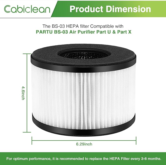 4 Pack BS-03 HEPA Replacement Filter for PARTU BS-03 Part U, Part X and Slevoo BS-03 Air Purifier, 3-in-1 filtration with HEPA Filter, Activated Carbon Filter, NOT FOR BS-01 Model