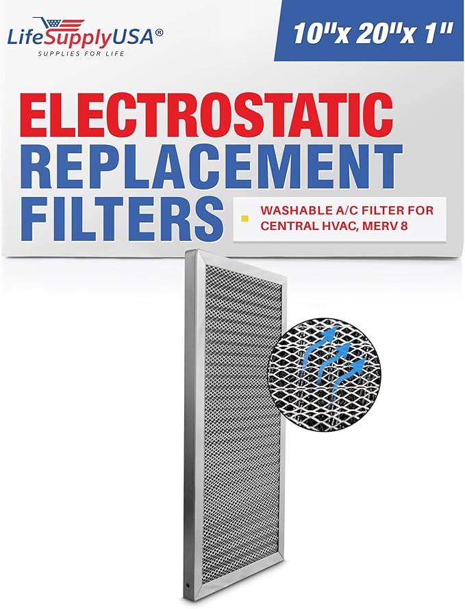 10x20x1 Electrostatic Air Filter, MERV 8, Washable, Reusable Furnace AC/HVAC Filter, Energy Saving, Easy to Clean, Long-Lasting by LifeSupplyUSA