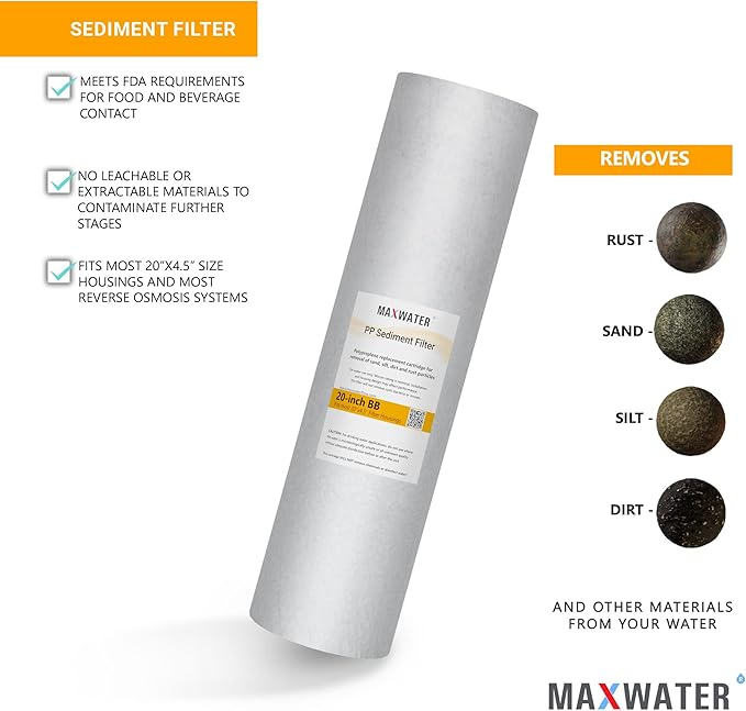 Max Water 10 Micron 20 x 4.5 Sediment Filter 20 inch Whole House BB Water Filteration System Replacement Compatible Cartridge DGD-5005-20, FP25B, AP810-6, FPMB5-20, P5-20, 155358-43, SDC-45-2005