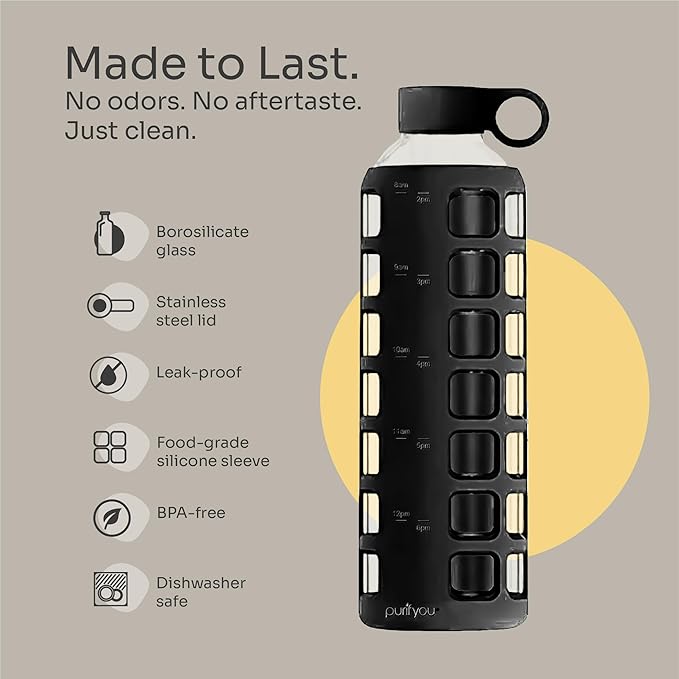 purifyou 40oz / 32oz / 22oz / 12oz Borosilicate Glass Water Bottle with Time & Volume Markers, Silicone Sleeve, Stainless Steel Lid | Reusable Glass Bottle for Water & Juice (32oz Jet Black)